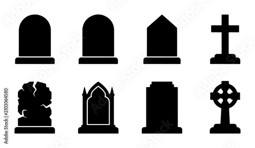 Fotografía Diverse Tombstone Icons Set, Cemetery Gravestone Vector Graphics, Memorial Stone