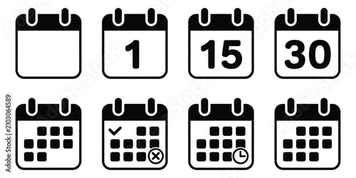 Calendar icons featuring modern minimalist black and white designs for date management, scheduling, event planning, and productivity applications