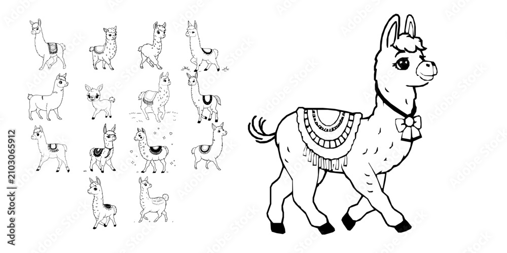 Fototapeta premium Cute Cartoon Llama Walking Simple Coloring Book Line Art Thick Outlines Coloring Page