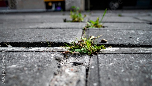 Close-up of damaged uneven paving blocks with weeds, ideal for construction