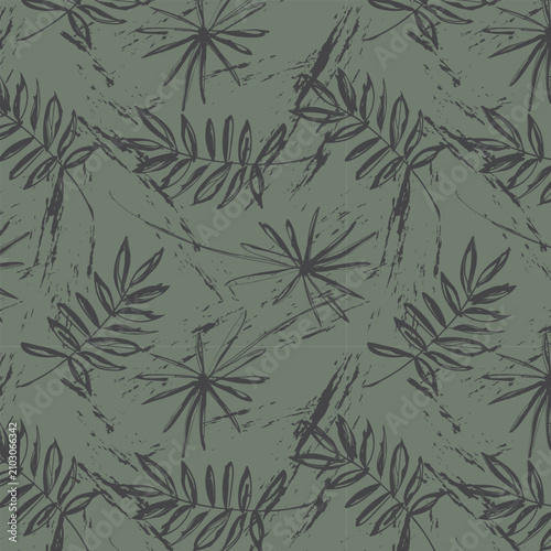 Minimal Botanical Seamless Pattern with Hand Drawn Tropical Leaves and Artistic Brush Texture Vector Background