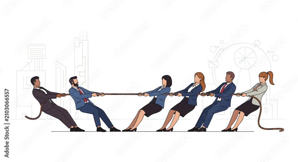 Obraz premium Business professionals in formal suits engage in a competitive tug of war game to symbolize corporate conflict.
