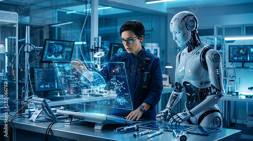 Future of Innovation: A scientist works alongside a sophisticated humanoid robot in a futuristic laboratory, surrounded by advanced technology and holographic displays.
