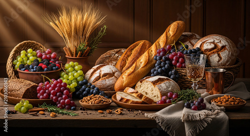 Farmhouse Harvest Still Life Bread Grapes Nuts And Berries