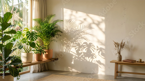 Green potted plants in a sunny room with tropical leaf wall shadows