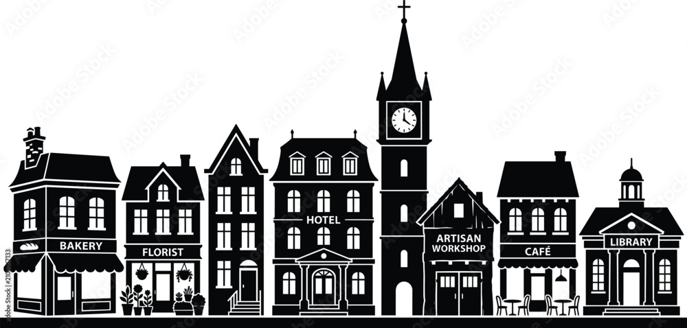 Fototapeta premium Stylized vector silhouette illustration of small town street with bakery, florist, hotel, café, and library buildings