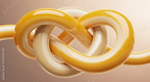 Abstract 3D Render Glossy Yellow Knot Twisted Beige Background
