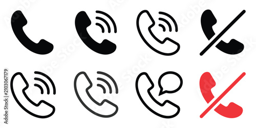 Fényképezés Phone call icons displaying modern communication states in solid and outline sty