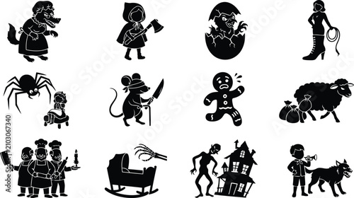 Fotografía Set of black and white silhouette depicting classic nursery rhymes and dark fair