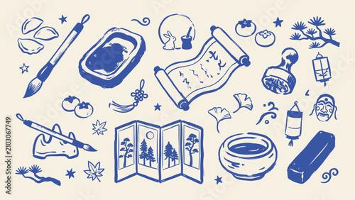 Traditional Korean cultural icons vector set with calligraphy brush inkstone folding screen scroll and persimmon in blue ink brush style