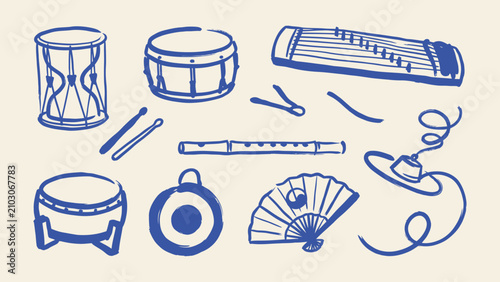 Konstfotografi Traditional Korean musical instruments vector illustration set including janggu