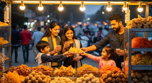 Family buys street food.