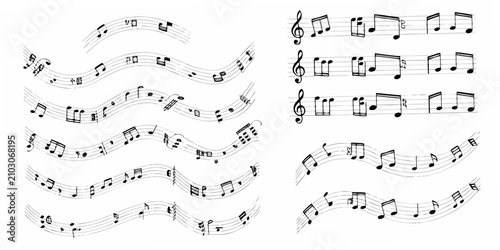 Bild auf Leinwand Musical Notes And Staff Lines Black Vector Illustration Arrangement