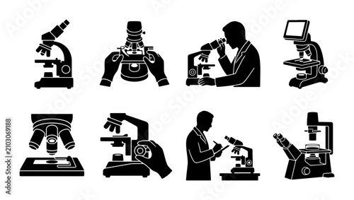 Obraz na płótnie Microscope Icons Set: Science Lab Research, Medical Analysis, Scientific Discove