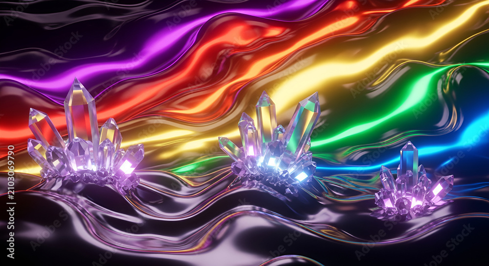 Obraz premium Rainbow Crystal Formations in Liquid Metallic Waves
