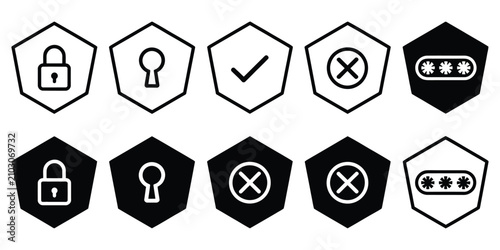 Security protection and authentication icons in line and solid style for cybersecurity, user verification, privacy, and secure access