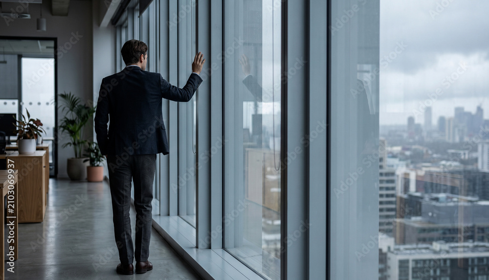 Fototapeta premium A man in a business suit stands by a large window in an office, gazing at the city skyline. The setting reflects a modern and professional work environment.