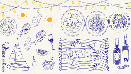 Bild auf Leinwand Seafood and summer dining illustration with plates of food wine glasses and a sa