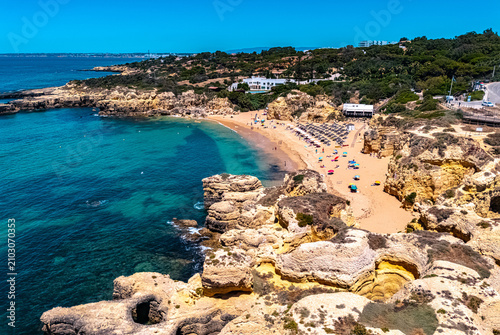 Aerial view of Praia do Castelo in Albufeira in the Faro District, Algarve, Portugal