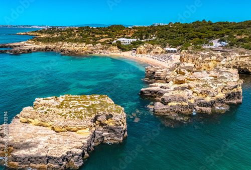 Aerial view of Praia do Castelo in Albufeira in the Faro District, Algarve, Portugal