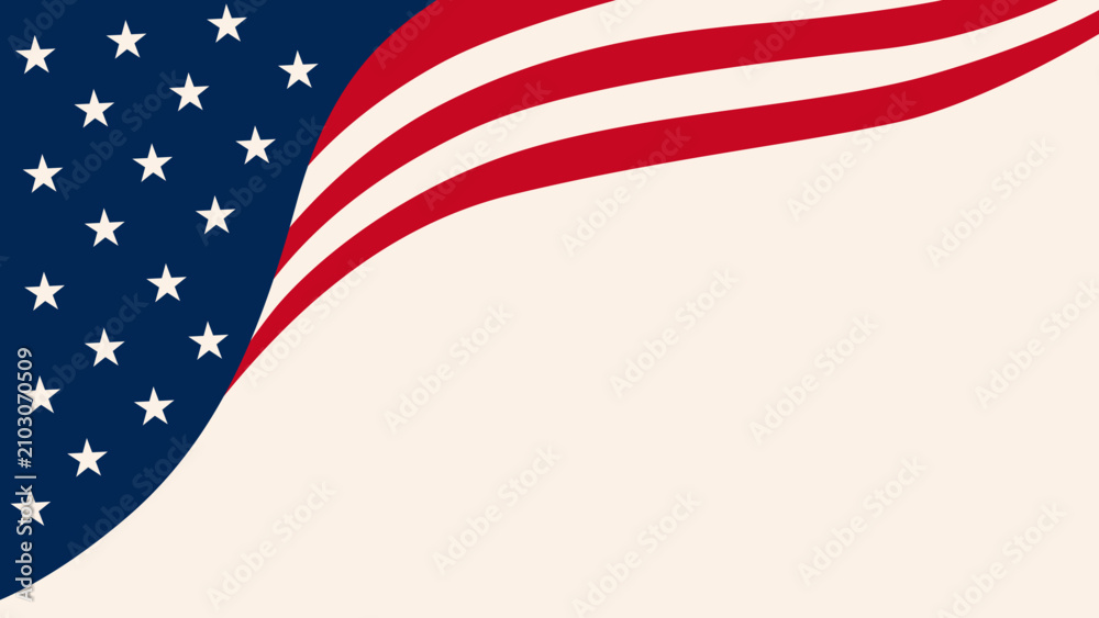 Obraz premium Waves of red and white stripes flow gracefully. Blue field hosts white stars in orderly pattern. Soft beige background provides clean contrast. Ideal for patriotic projects or celebratory designs
