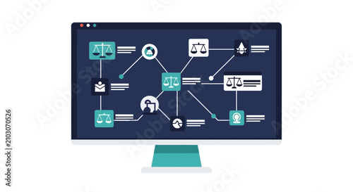 Legal Technology and Digital Law Firm Management Software Interface with Justice Scales and Data Flow Network Illustration