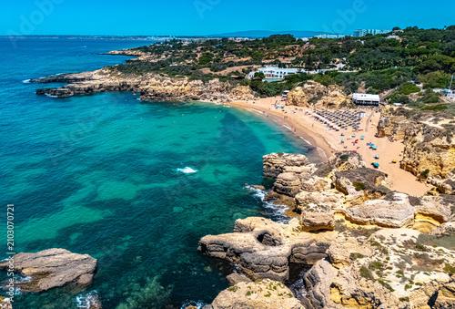 Aerial view of Praia do Castelo in Albufeira in the Faro District, Algarve, Portugal