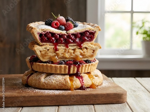 Stack of homemade fruit pies with overflowing filling, delicious baked dessert.