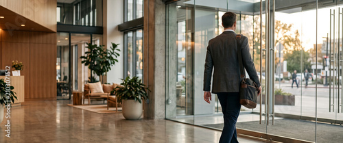 A businessman walks towards the entrance of a modern office lobby, with lush plants and stylish furnishings visible. Natural light floods the space.