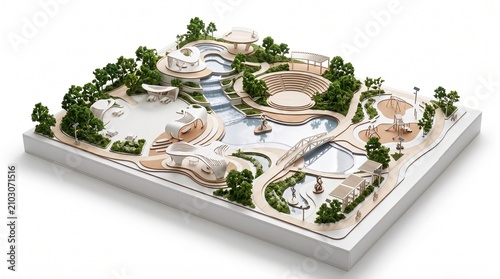 Architectural Scale Model of a Modern Organic Urban Park with Water Features and Green Spaces