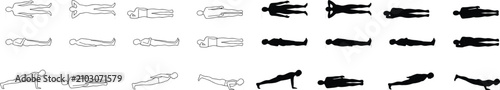 Foto Human Body Lying and Push Up Silhouette Outline Vector Pose Collection Set