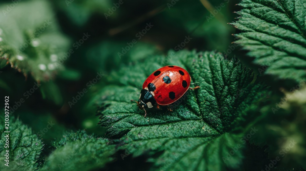 Fototapeta premium Bright Red Ladybug with Precise Black Spots Resting on a Vibrant Green Leaf in Nature's Embrace