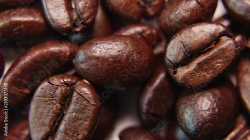 Roasted Coffee Beans Macro Close Up with Smooth Horizontal Camera Slide.