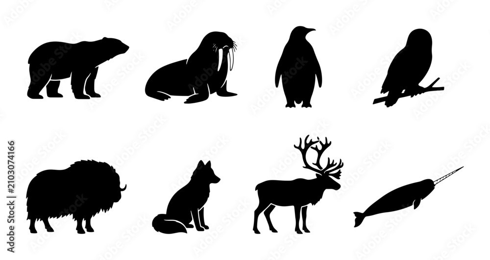 Fototapeta premium Arctic Animals Silhouettes: Polar Bear, Walrus, Penguin, Owl, Musk Ox, Fox, Reindeer, Narwhal Vector Icons
