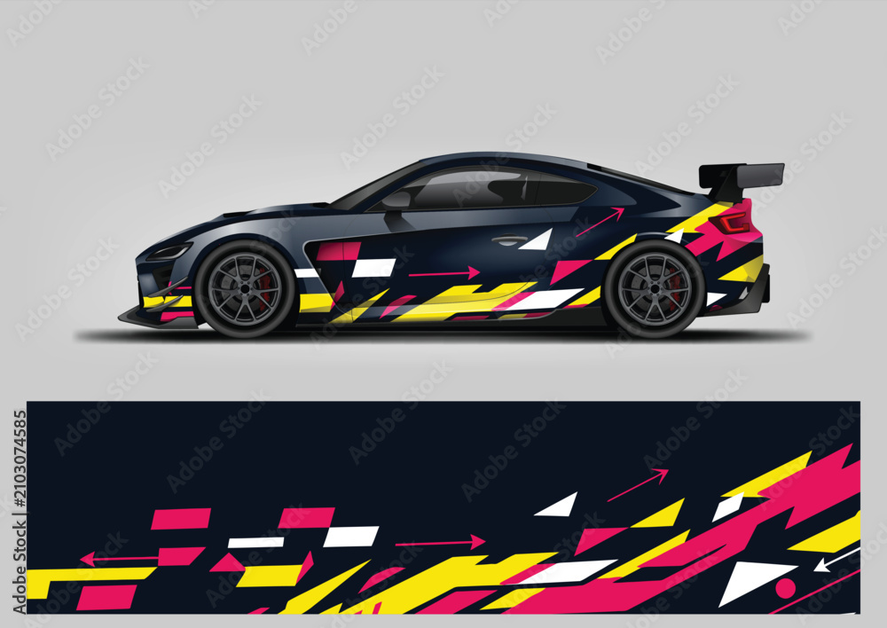Fototapeta premium Aggressive Racing Splatter Geometric Yellow and Pink Car Wrap Vector Graphic