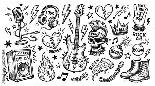 Rock and Roll Punk Music Icons Collection Hand Drawn Sketch Style transparent background