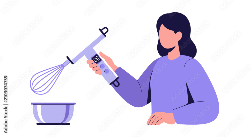 Fototapeta premium Woman Using Digital Electric Hand Mixer for Baking - Modern Flat Vector Illustration