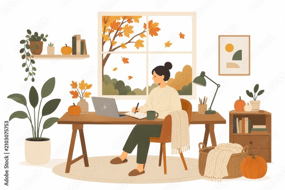Fototapeta premium Minimal Scandinavian Cozy Autumn Workspace Illustration with Woman Working by Window