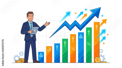 Businessman presenting financial growth chart with rising arrows