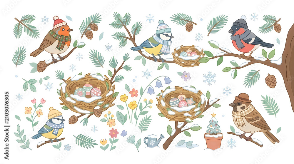 Fototapeta premium Cute Colorful Cartoon Birds Collection – Flat Vector Bird Clipart Set with Floral Branches, Spring Nature Illustration