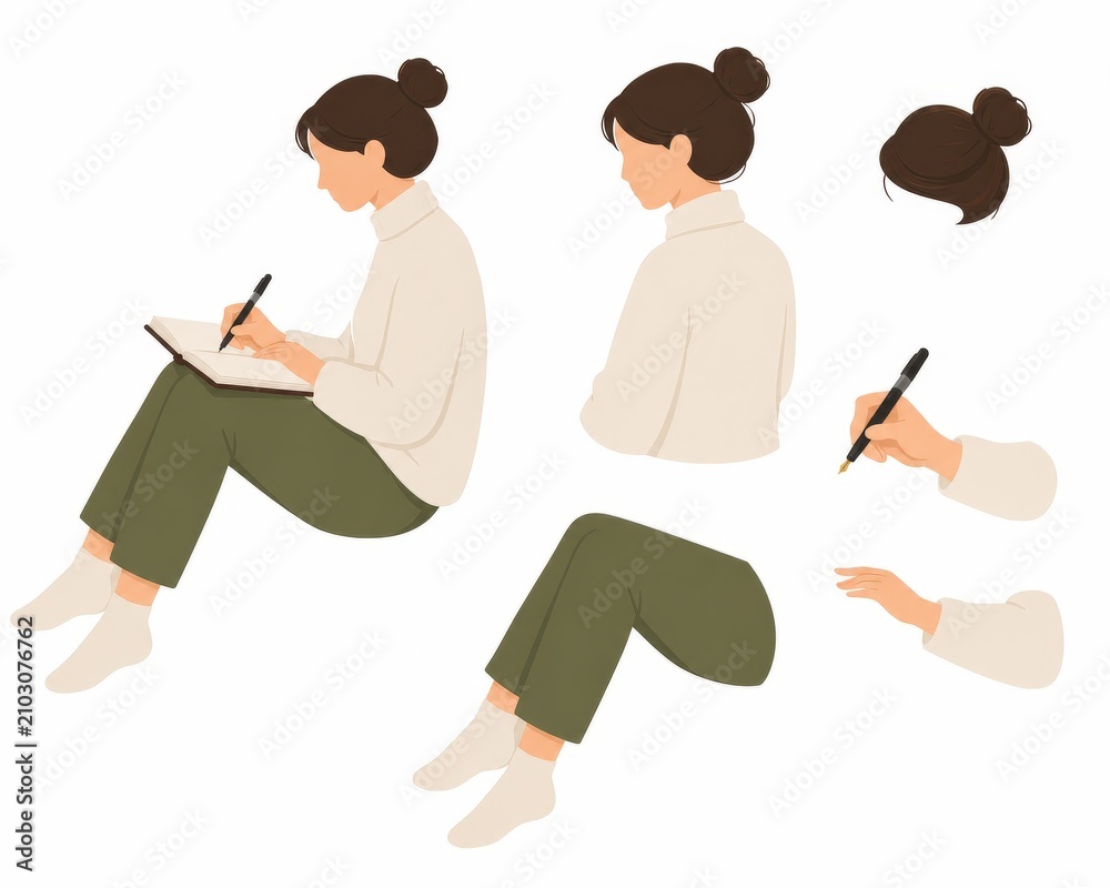 Fototapeta premium Minimal Scandinavian Woman Reading Character Collection with Cozy Sitting Poses and Lifestyle Illustration