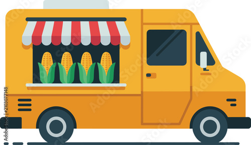Vector illustration of a yellow corn street food truck with catering, business