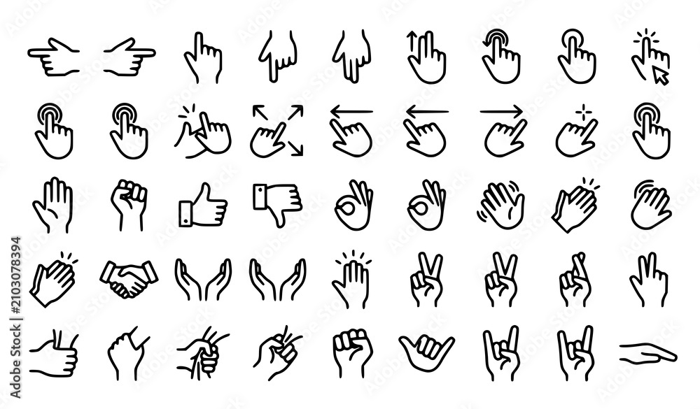 Obraz premium Hand Line Art Icon Pack Featuring Gesture Touch Click and Interaction Elements