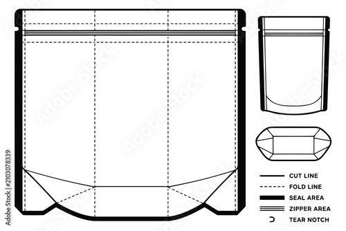 Foto Doypack stand up pouch packaging die cut template Vector