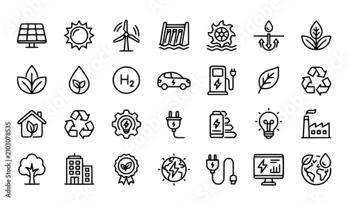 Foto Green Renewable Energy Line Icons Set with Solar Wind Eco Power and Sustainabili