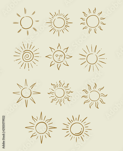 Hand drawn sun doodle. Sun line art icons.