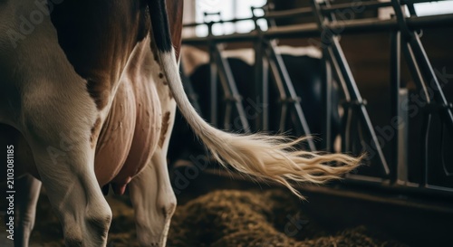 Close-up view of a dairy cow's tail swishing in a farm environment with blurred background