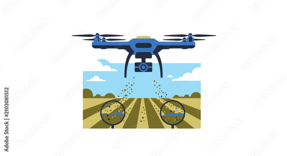 Obraz premium Smart Farming Concept Illustration: Agricultural Drone Monitoring and Spraying Crops in a Field, Precision Agriculture Technology Vector