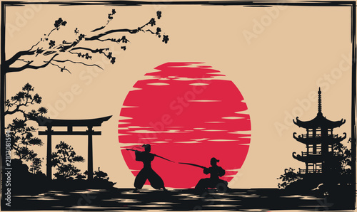 Foto Traditional Japanese Samurai Duel Silhouette Vector Art Illustration featuring R