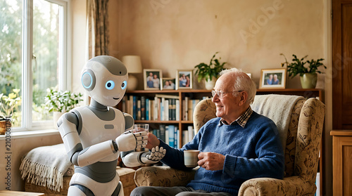 Robot Assistant Helping Elderly Man: A modern humanoid robot offers a warm drink to an elderly man sitting in a comfortable armchair at home.
